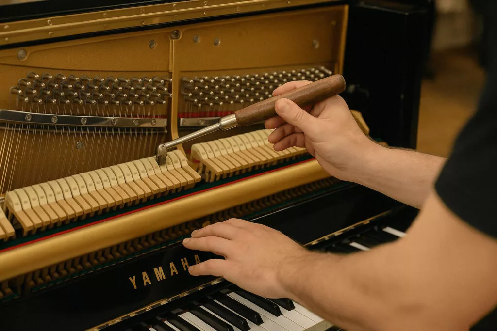Afinação técnica de piano Yamaha · detalhe das mãos com chave de afinação